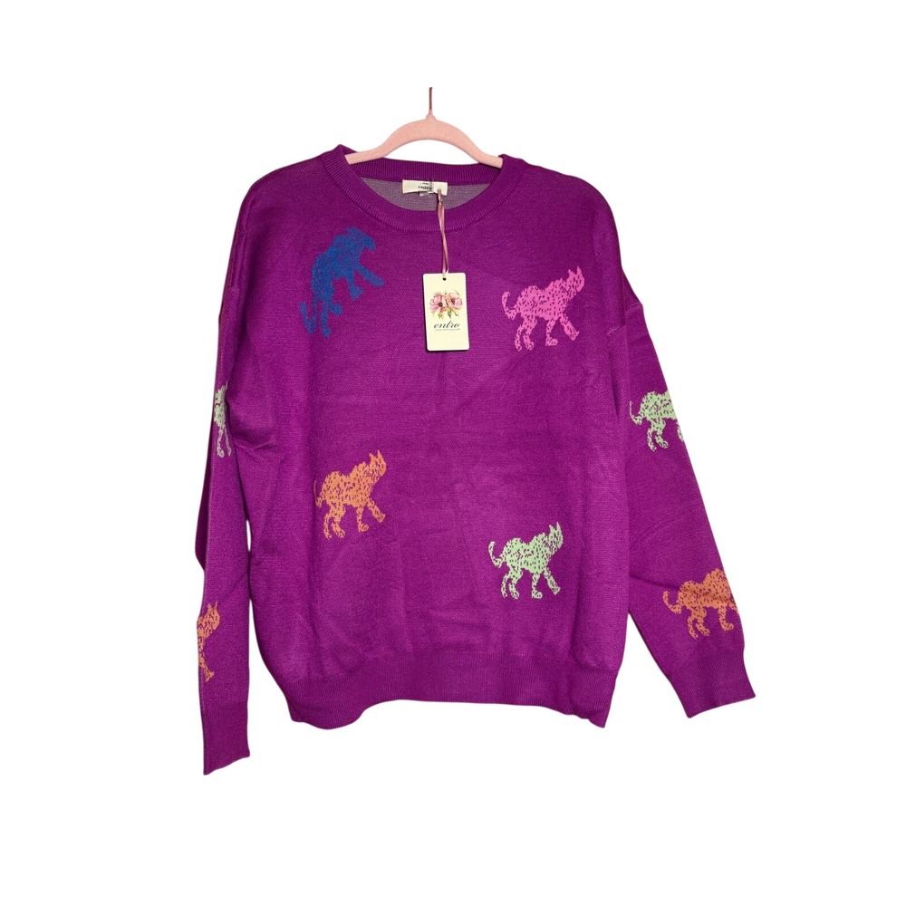 Entro Purple Leopard Intarsia Knit Whimsical Crewneck Sweater Womens Large